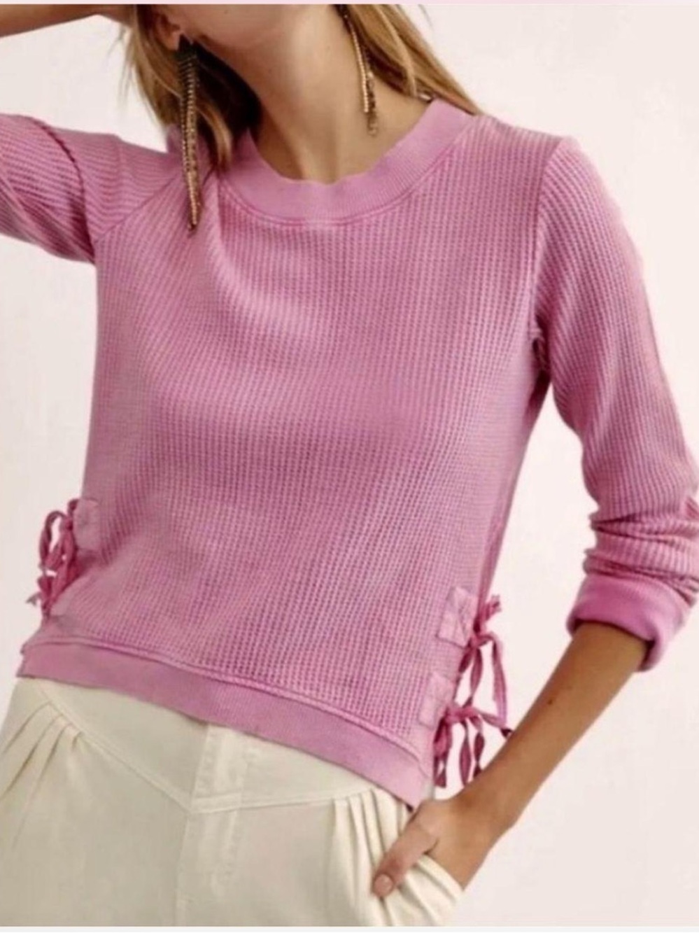 Free People Pink Waffle-Knit Side-Tie Henley Top